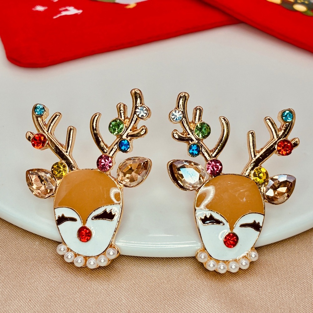 Festive Gold-tone Beige Reindeer Earrings with Multicolor Crystals